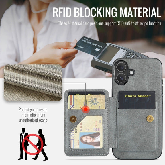 For iPhone 16 Fierre Shann Oil Wax Cow Leather Card Holder Back Phone Case(Grey)
