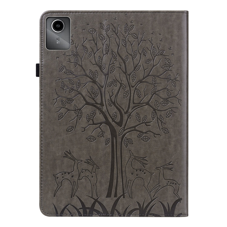 For Lenovo Tab M11 / Xiaoxin Pad 11 2024 Tree & Deer Embossed Leather Tablet Case(Grey)