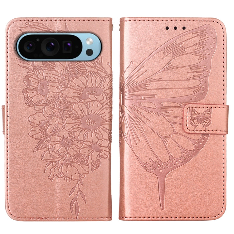 For Google Pixel 9 Embossed Butterfly Leather Phone Case(Rose Gold)