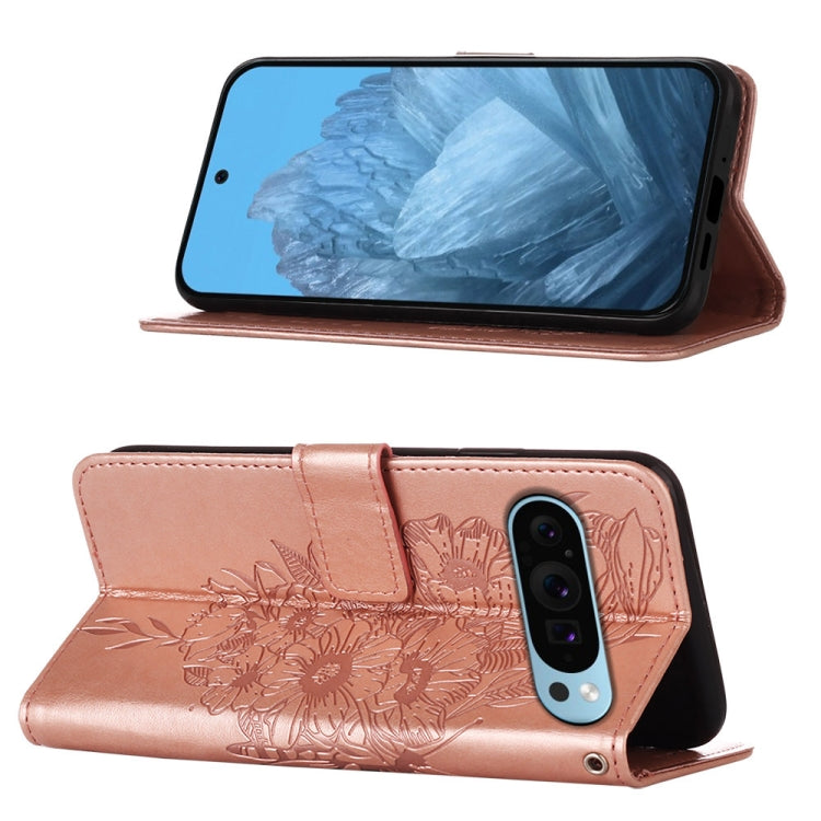 For Google Pixel 9 Embossed Butterfly Leather Phone Case(Rose Gold)
