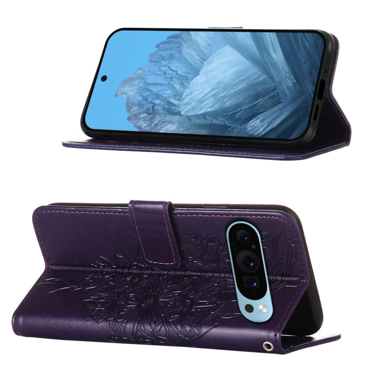 For Google Pixel 9 Embossed Butterfly Leather Phone Case(Dark Purple)