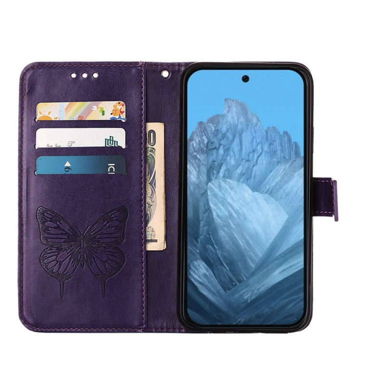 For Google Pixel 9 Embossed Butterfly Leather Phone Case(Dark Purple)