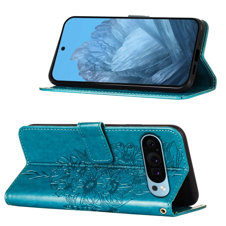 For Google Pixel 9 Embossed Butterfly Leather Phone Case(Blue)