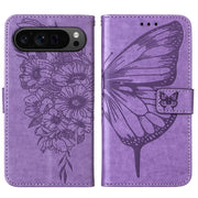 For Google Pixel 9 Pro Embossed Butterfly Leather Phone Case(Purple)