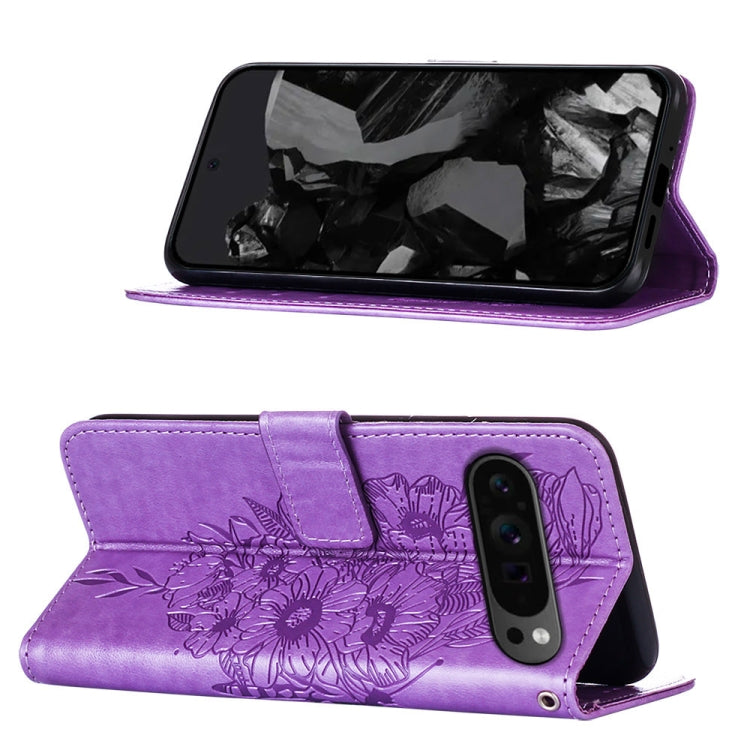 For Google Pixel 9 Pro Embossed Butterfly Leather Phone Case(Purple)