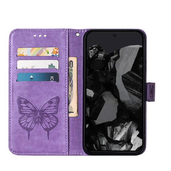 For Google Pixel 9 Pro Embossed Butterfly Leather Phone Case(Purple)