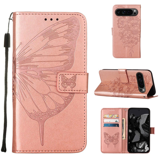 For Google Pixel 9 Pro Embossed Butterfly Leather Phone Case(Rose Gold)
