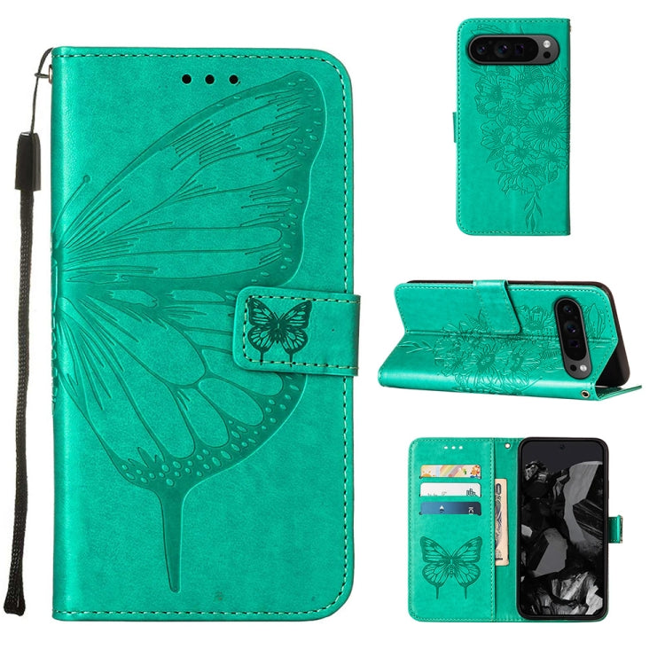 For Google Pixel 9 Pro Embossed Butterfly Leather Phone Case(Green)