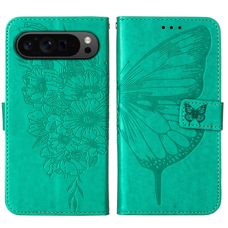 For Google Pixel 9 Pro Embossed Butterfly Leather Phone Case(Green)