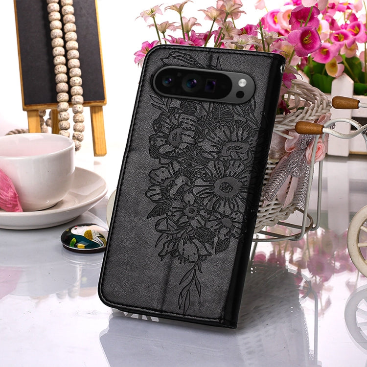 For Google Pixel 9 Pro Embossed Butterfly Leather Phone Case(Black)