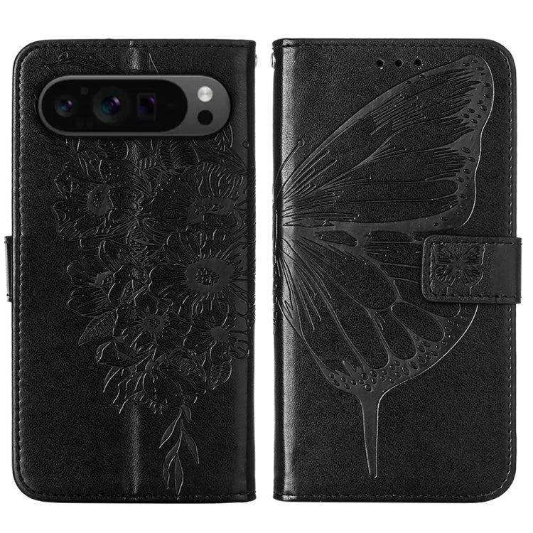 For Google Pixel 9 Pro Embossed Butterfly Leather Phone Case(Black)