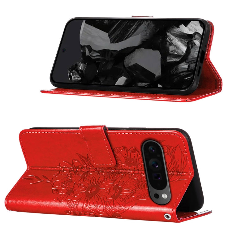 For Google Pixel 9 Pro Embossed Butterfly Leather Phone Case(Red)