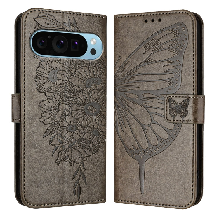 For Google Pixel 9 Pro XL Embossed Butterfly Leather Phone Case(Grey)