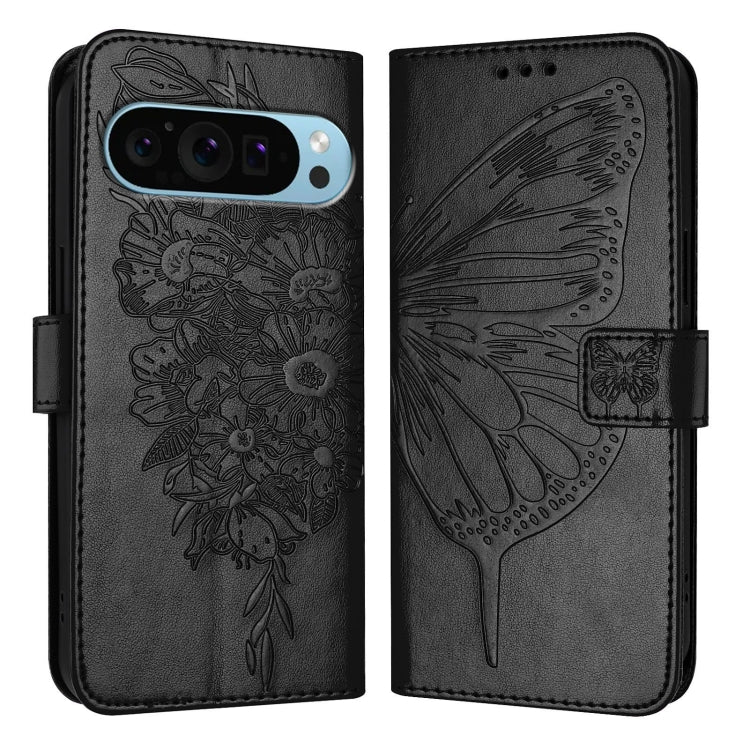 For Google Pixel 9 Pro XL Embossed Butterfly Leather Phone Case(Black)