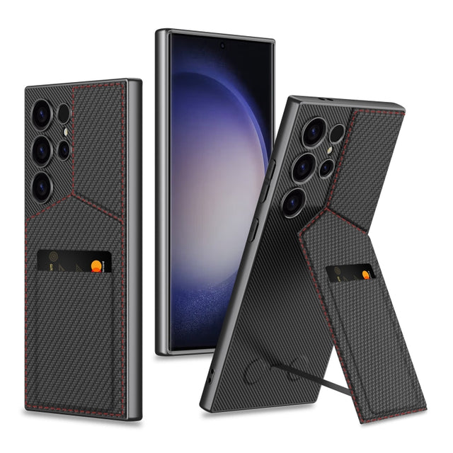 For Samsung Galaxy S23 Ultra 5G GKK Rotor Bracket Recessed Card Bag Full Coverage Phone Case(Carbon Fibre Texture)