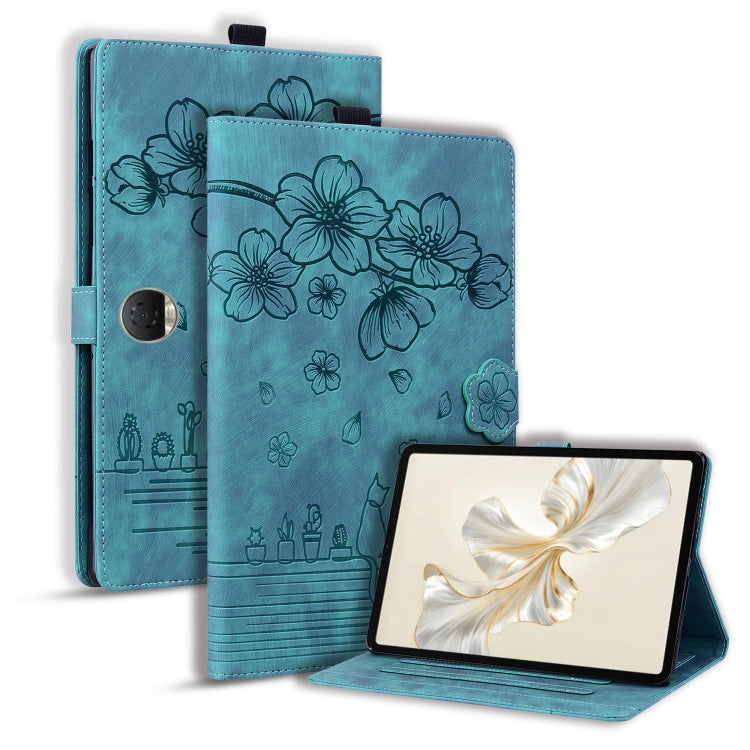 For Honor Pad 9 Cartoon Sakura Cat Embossed Leather Tablet Case(Green)