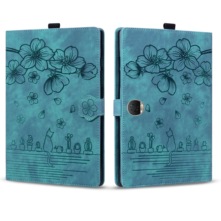 For Honor Pad 9 Cartoon Sakura Cat Embossed Leather Tablet Case(Green)