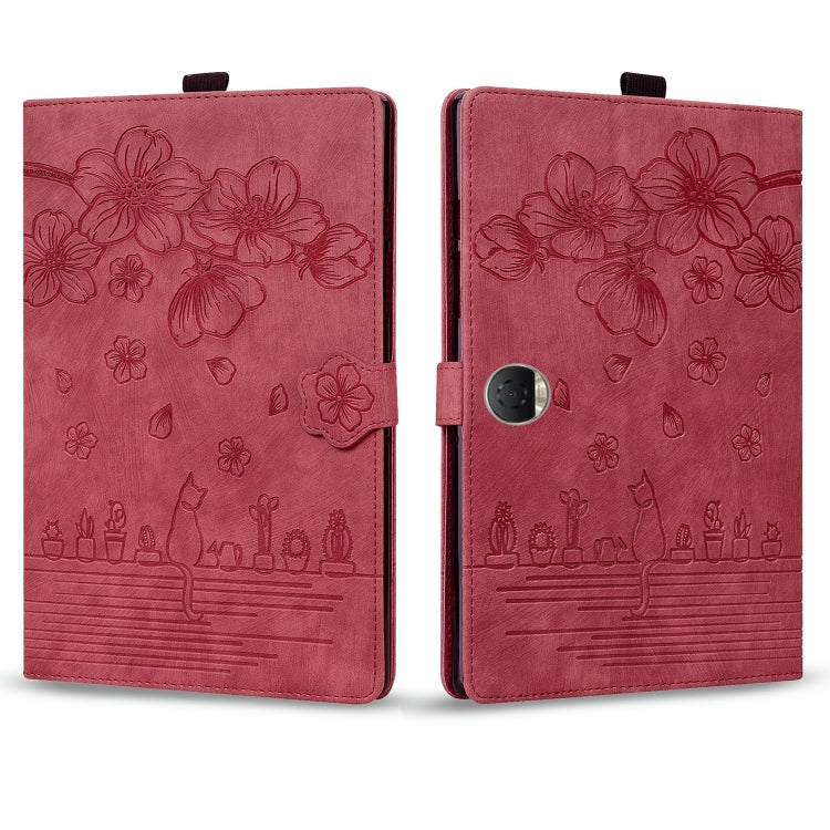 For Honor Pad 9 Cartoon Sakura Cat Embossed Leather Tablet Case(Red)