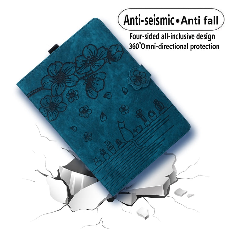 For Honor Pad 9 Cartoon Sakura Cat Embossed Leather Tablet Case(Blue)