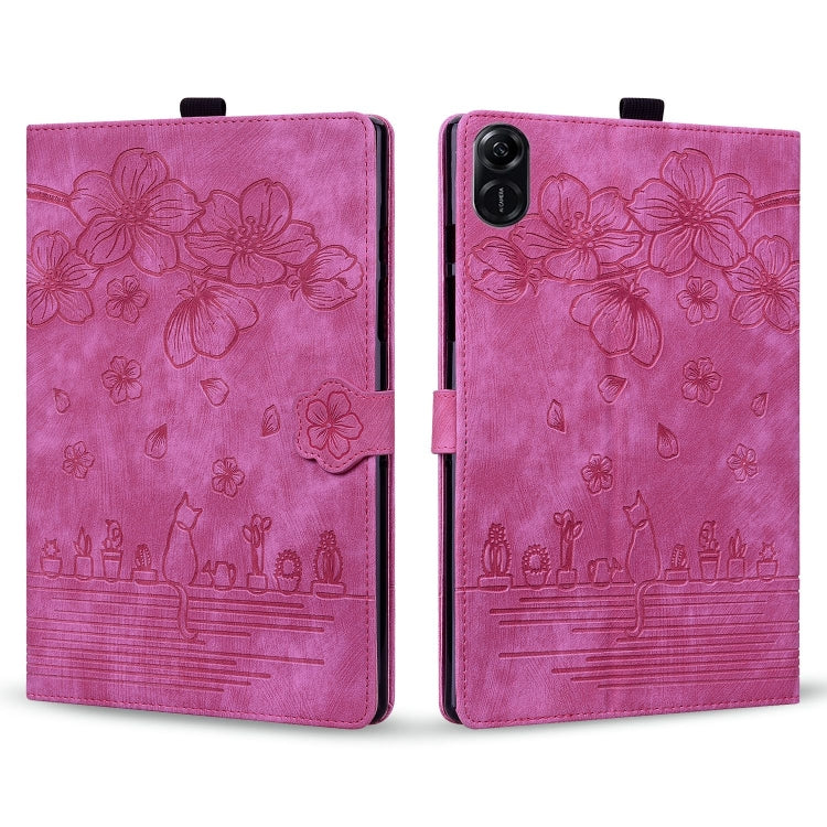 For Honor Pad X8a Cartoon Sakura Cat Embossed Leather Tablet Case(Rose Red)