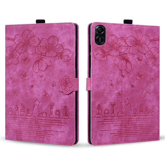 For Honor Pad X8a Cartoon Sakura Cat Embossed Leather Tablet Case(Rose Red)