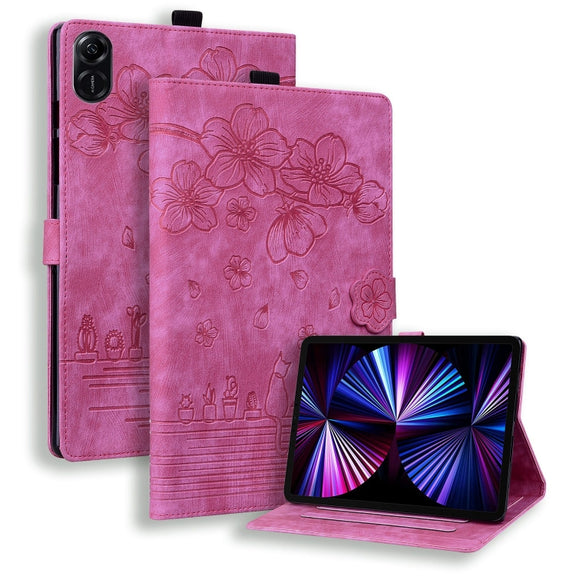 For Honor Pad X8a Cartoon Sakura Cat Embossed Leather Tablet Case(Rose Red)
