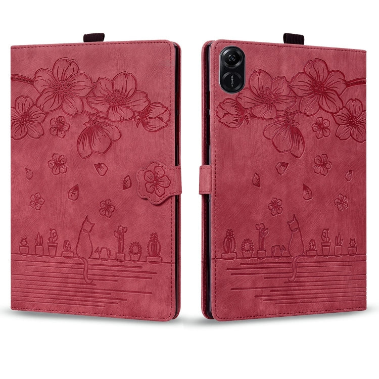 For Honor Pad X8a Cartoon Sakura Cat Embossed Leather Tablet Case(Red)