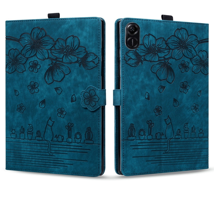 For Honor Pad X8a Cartoon Sakura Cat Embossed Leather Tablet Case(Blue)