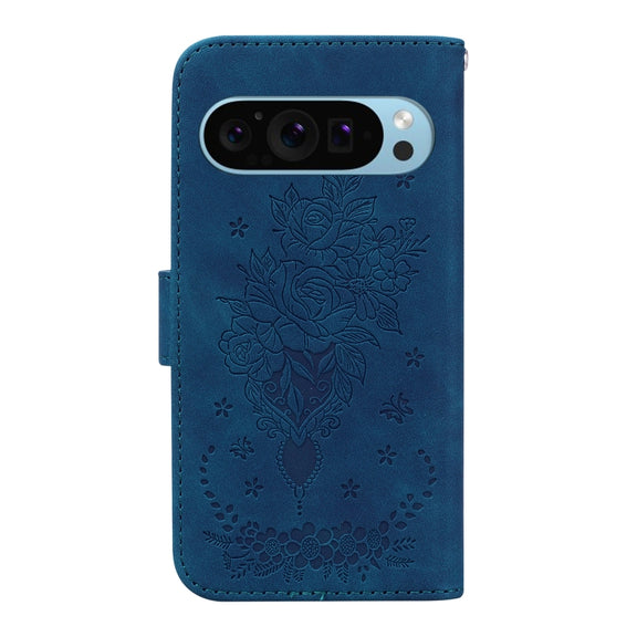For Google Pixel 9 Pro Butterfly Rose Embossed Leather Phone Case(Blue)
