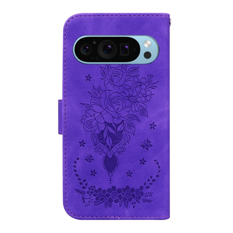 For Google Pixel 9 Pro Butterfly Rose Embossed Leather Phone Case(Purple)