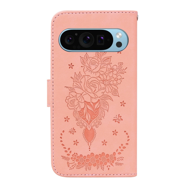 For Google Pixel 9 Pro Butterfly Rose Embossed Leather Phone Case(Pink)