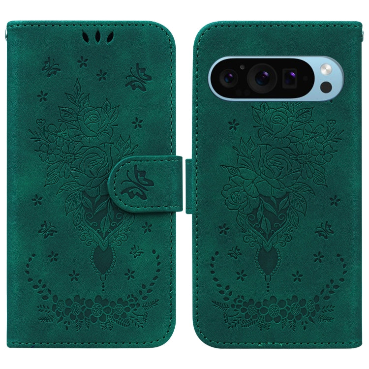 For Google Pixel 9 Butterfly Rose Embossed Leather Phone Case(Green)