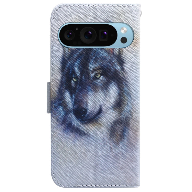 For Google Pixel 9 Pro Coloured Drawing Flip Leather Phone Case(White Wolf)