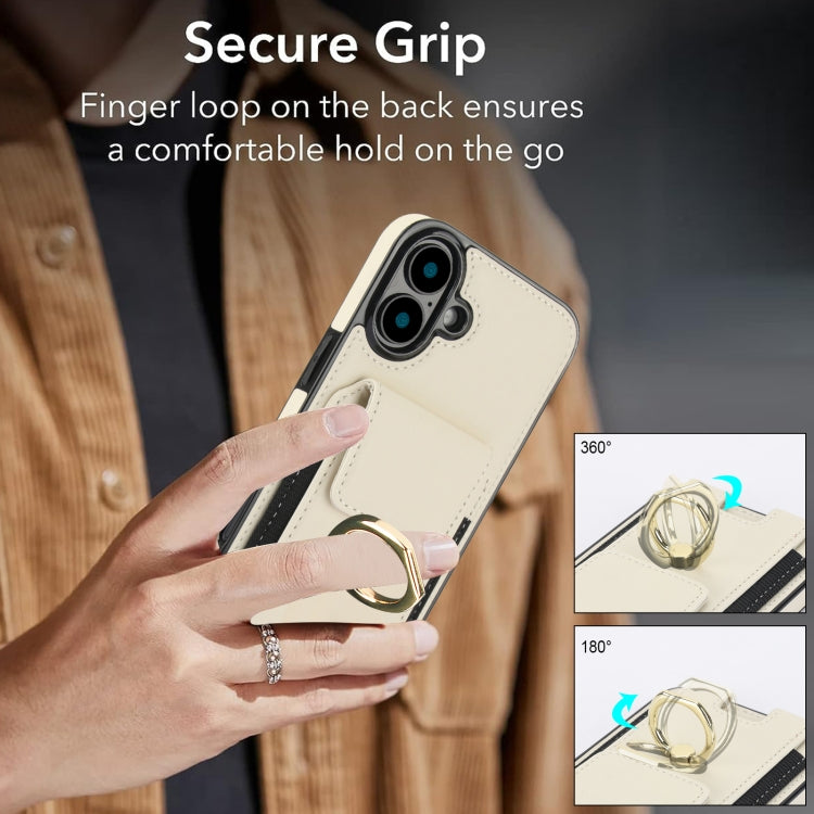 For iPhone 16 Plus Elastic Card Bag Ring Holder Phone Case(White)