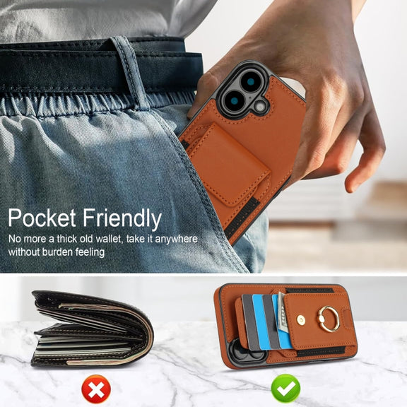 For iPhone 16 Elastic Card Bag Ring Holder Phone Case(Brown)