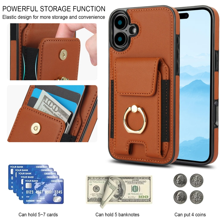 For iPhone 16 Elastic Card Bag Ring Holder Phone Case(Brown)