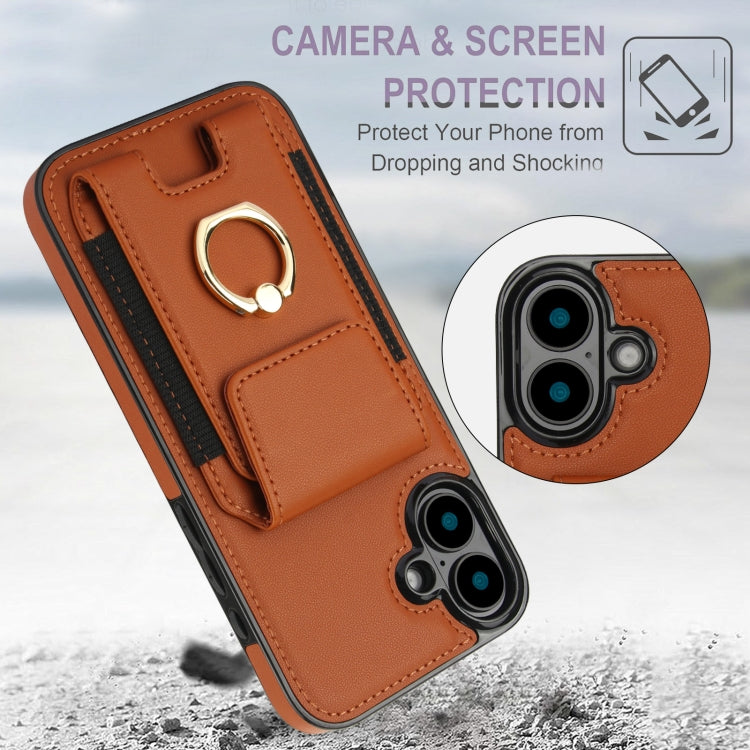 For iPhone 16 Elastic Card Bag Ring Holder Phone Case(Brown)