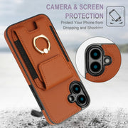 For iPhone 16 Elastic Card Bag Ring Holder Phone Case(Brown)