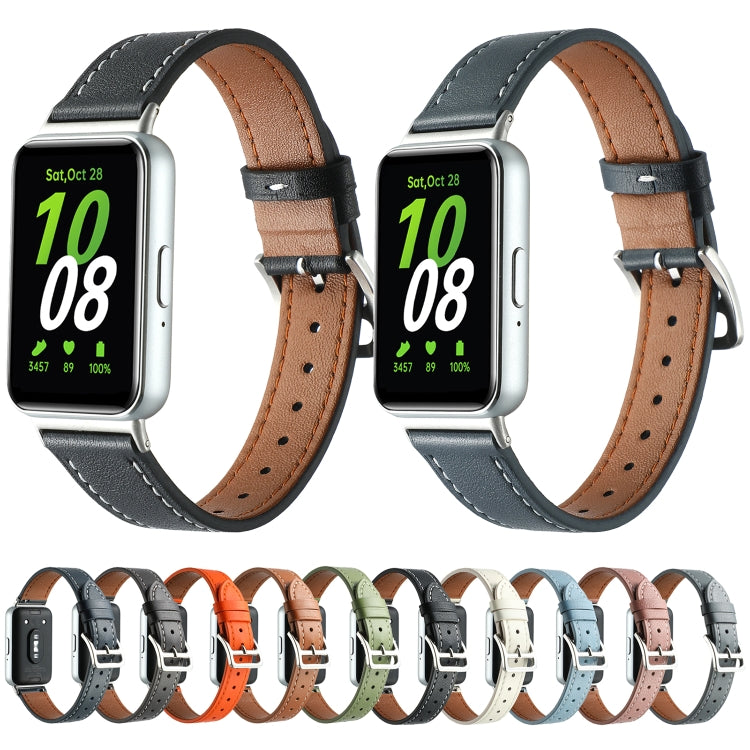 For Samsung Galaxy Fit 3 Sewing Thread Genuine Leather Watch Band(Grey)