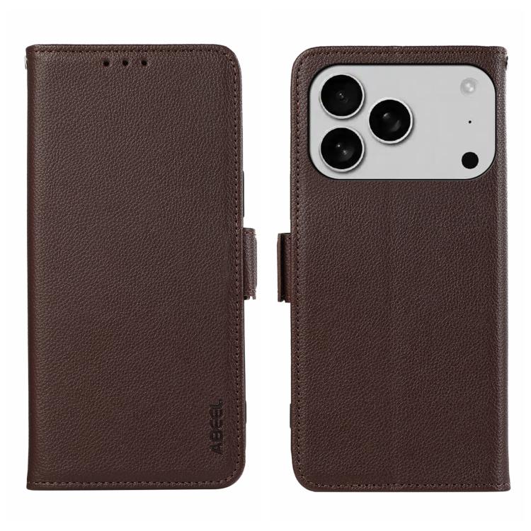 For iPhone 17 Pro ABEEL Side-Magnetic Litchi Pattern Leather RFID Phone Case(Brown)