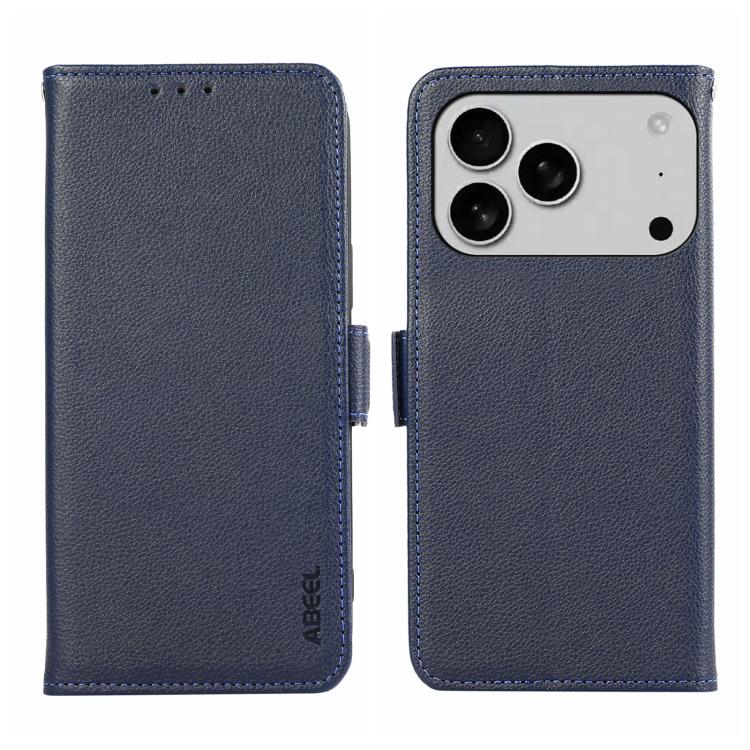 For iPhone 17 Pro ABEEL Side-Magnetic Litchi Pattern Leather RFID Phone Case(Blue)