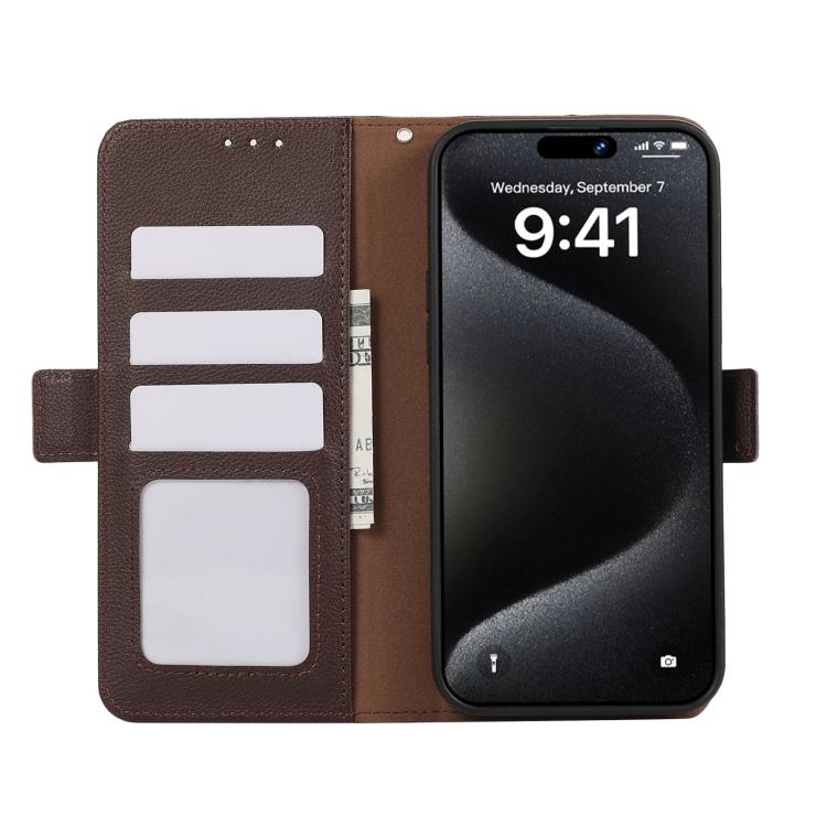 For iPhone 17 Pro Max ABEEL Side-Magnetic Litchi Pattern Leather RFID Phone Case(Brown)