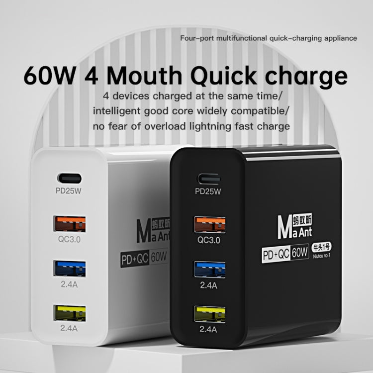 Ma-Ant 60W USB-C/Type-C+3 USB Multi-port Fast Charging Charger, Plug:EU Plug(White)