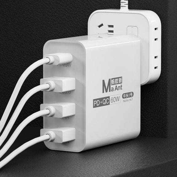 Ma-Ant 60W USB-C/Type-C+3 USB Multi-port Fast Charging Charger, Plug:EU Plug(White)