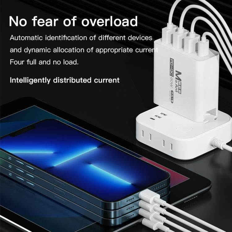 Ma-Ant 60W USB-C/Type-C+3 USB Multi-port Fast Charging Charger, Plug:US Plug(Black)