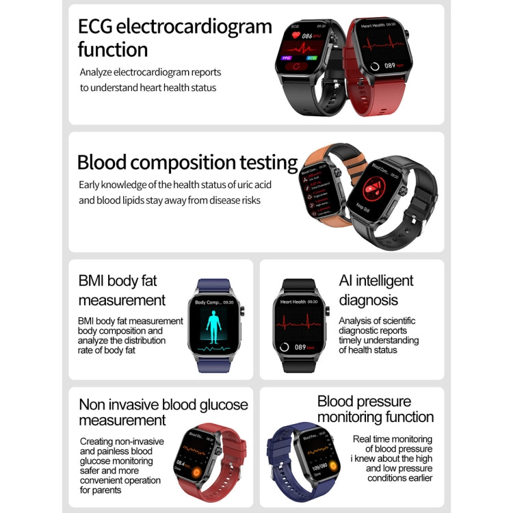 ET580 2.04 inch AMOLED Screen Sports Smart Watch Support Bluethooth Call /  ECG Function(Blue Silicone Band)