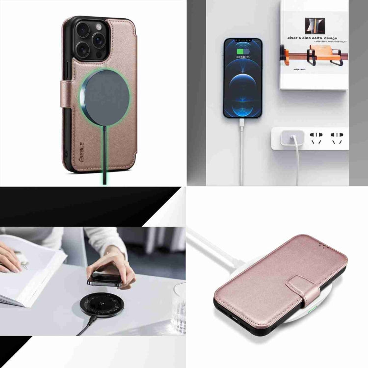 For iPhone 15 Pro ESEBLE E1 Nappa Texture MagSafe Holder Leather Phone Case(Rose Gold)