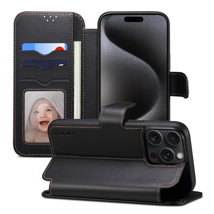 For iPhone 15 Pro ESEBLE E1 Nappa Texture MagSafe Holder Leather Phone Case(Black)