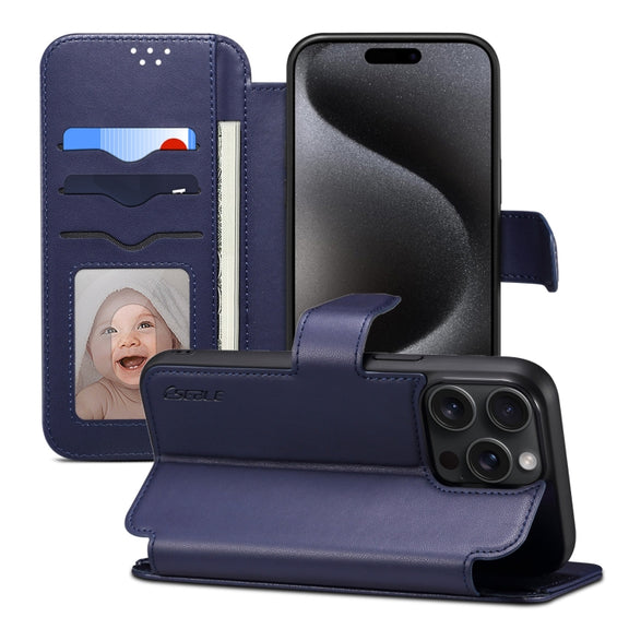 For iPhone 15 Pro Max ESEBLE E1 Nappa Texture MagSafe Holder Leather Phone Case(Dark Blue)