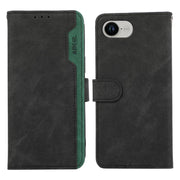 For iPhone 16e ABEEL Color Block Magnetic RFID Leather Phone Case(Black-Green)